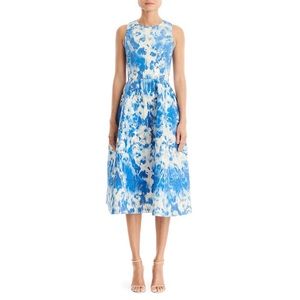 Carolina Herrera Tie-Dye Blue White Metallic Stretch-Silk A-Line Dress